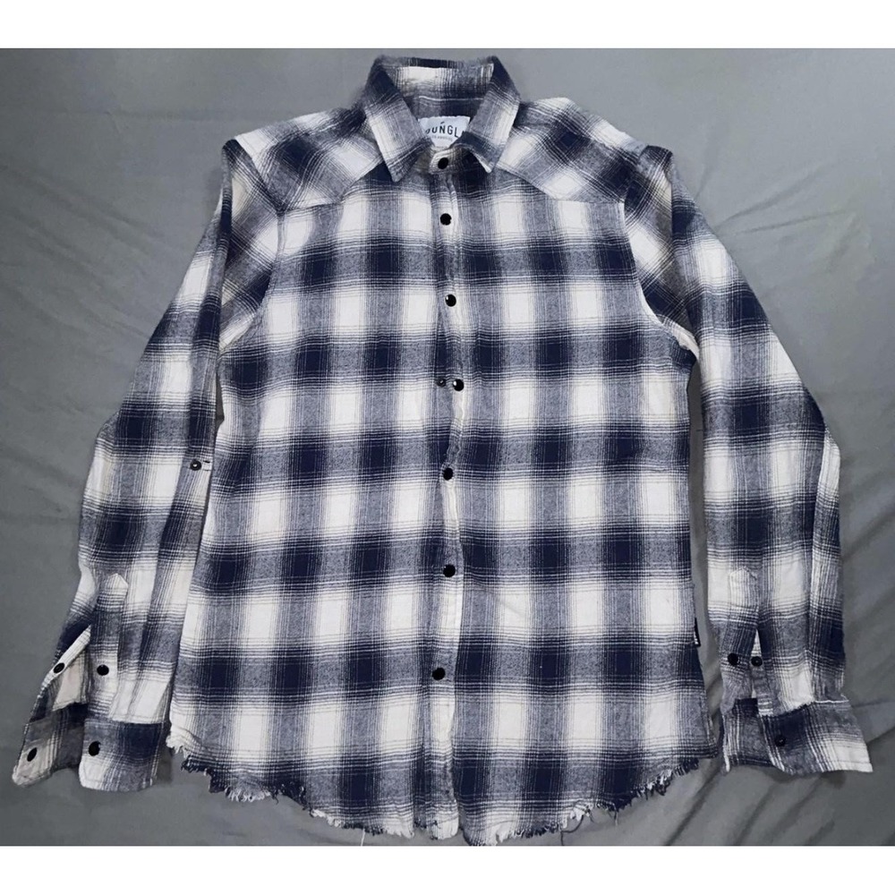 YoungLA‎ Shirt Mens M Blue Plaid Cotton Flannel Long Sleeve Button Up Fringe Hem